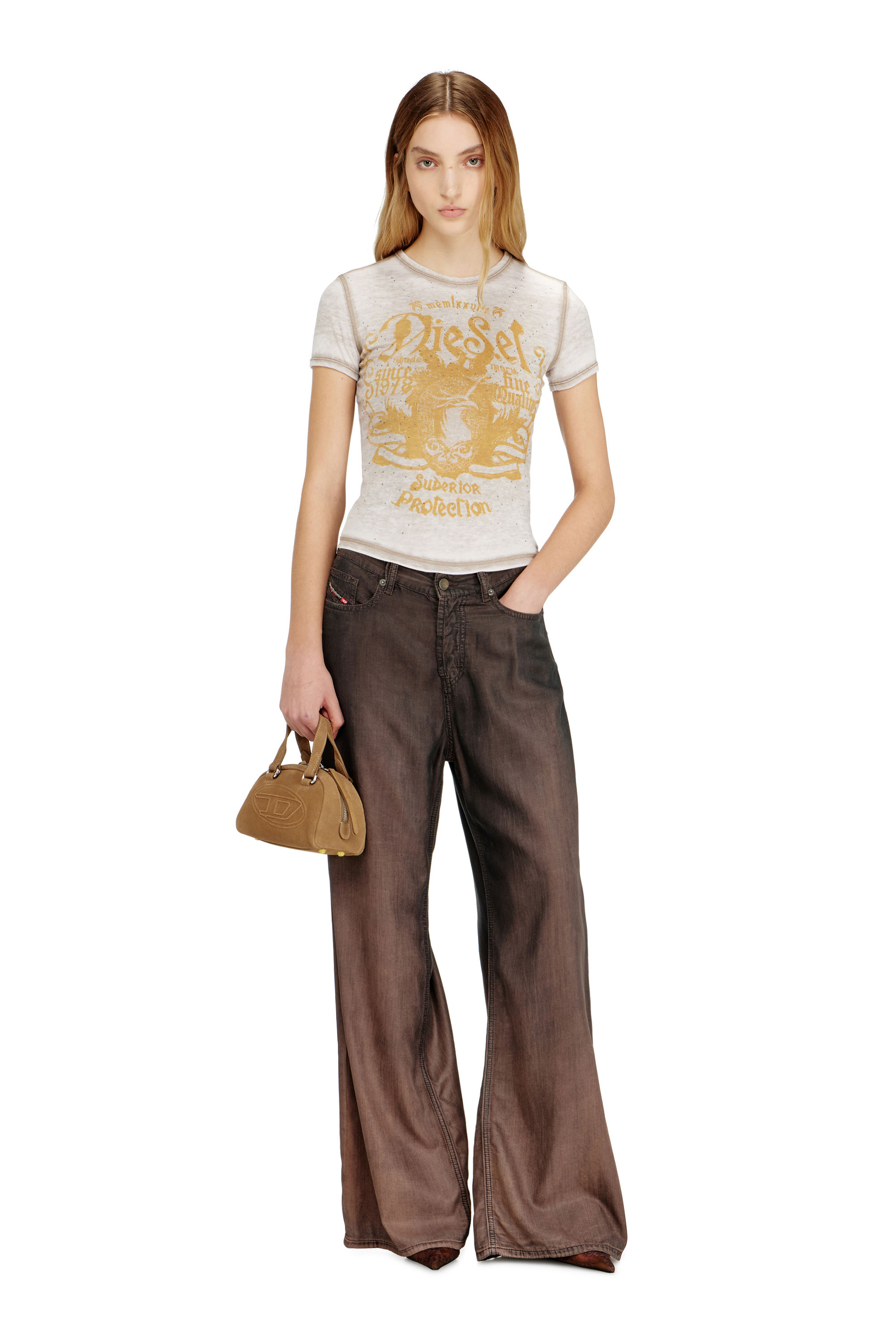 Diesel - T-UNCUTIES-LONG-AA3, Camiseta slim de punto con estampado y tachuelas Mujer in Multicolor - 1