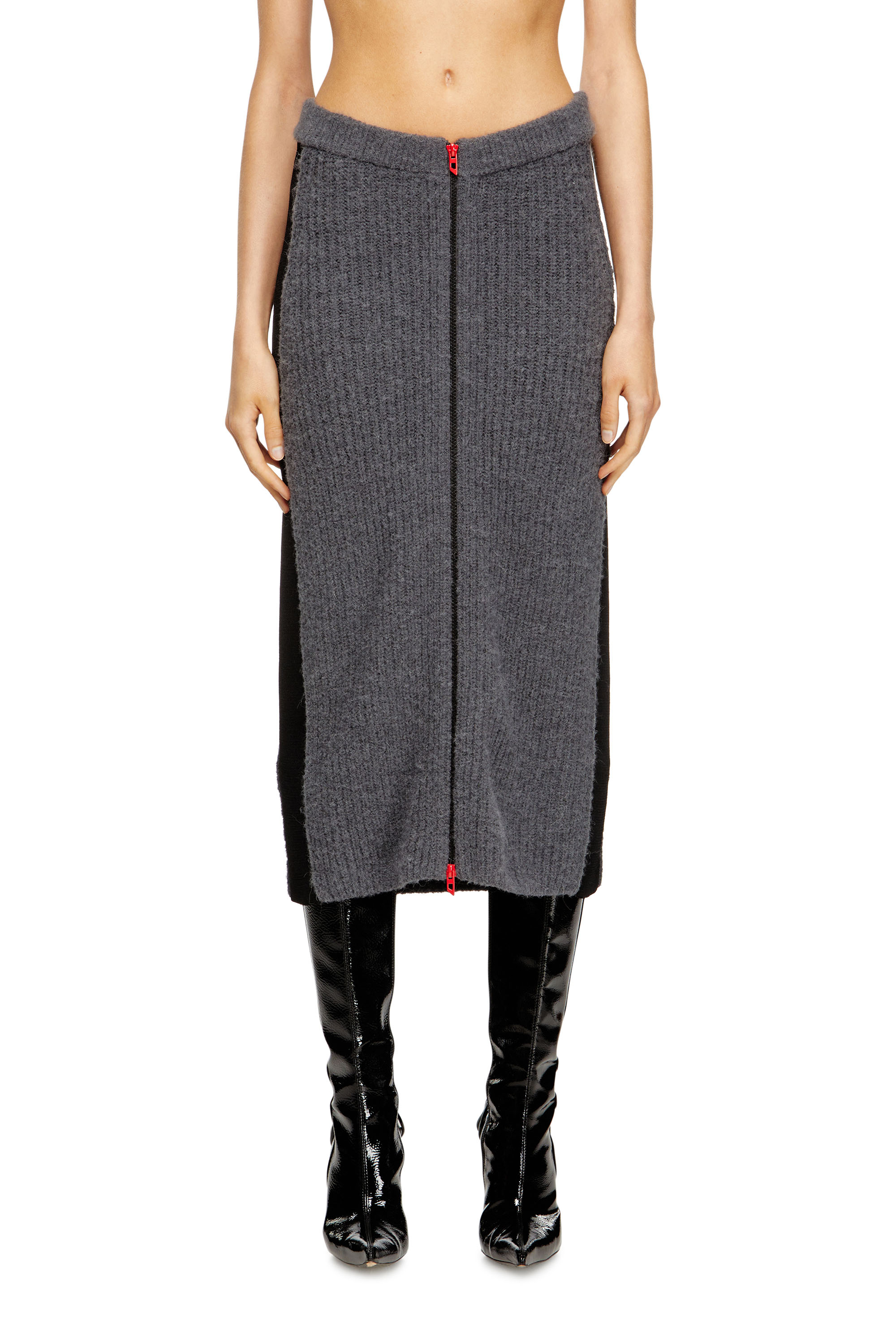 Diesel - M-LOUSI, Woman's Midi skirt in alpaca with front zipper in Grey - 2