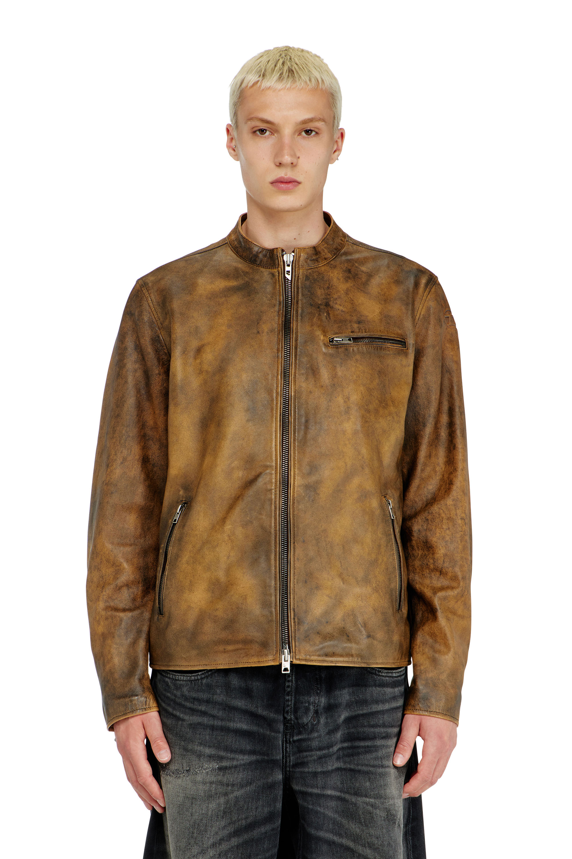 Diesel - L-ZAD-KNCZ, Male's Biker jacket in treated leather in null - 3