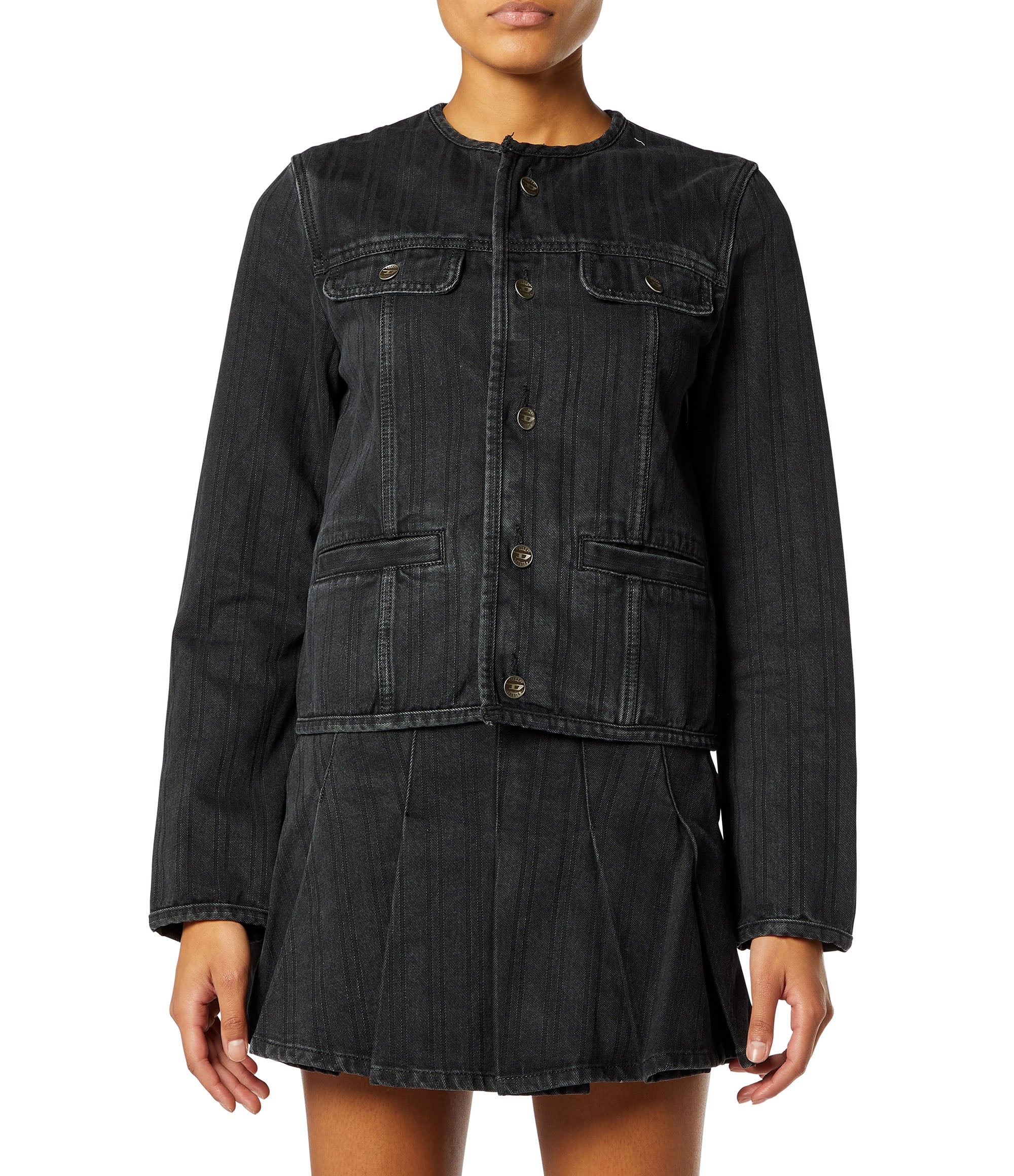 Diesel - DE-GRAFY, Chaqueta sin cuello de denim a rayas finas Mujer in Negro - 1