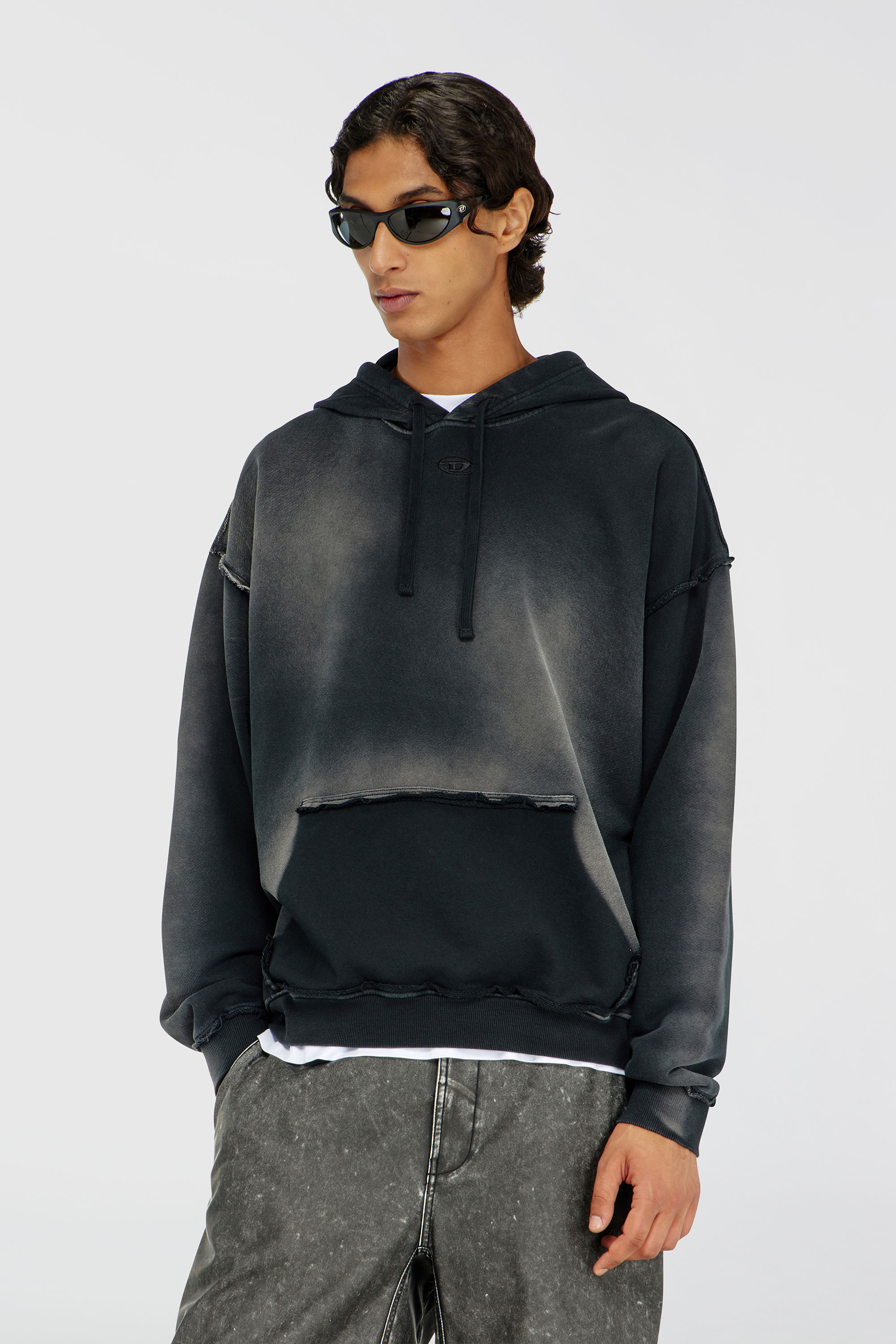 Diesel - S-POCK-HOOD, Male's Faded cotton hoodie with frayed details in Black/Grey - 3