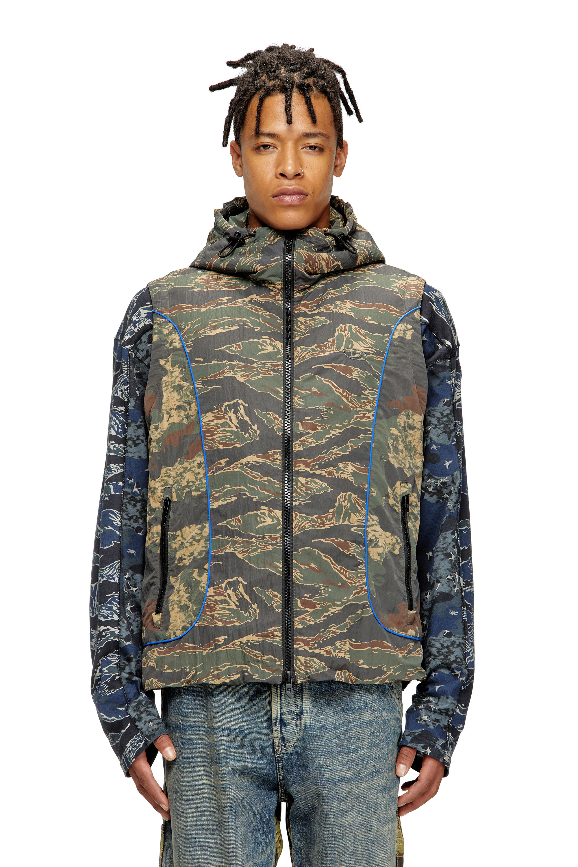 Diesel - J-OSTEND-SL-CAMU, Male's Hooded vest with mixed camo prints in Blue/Green - 1