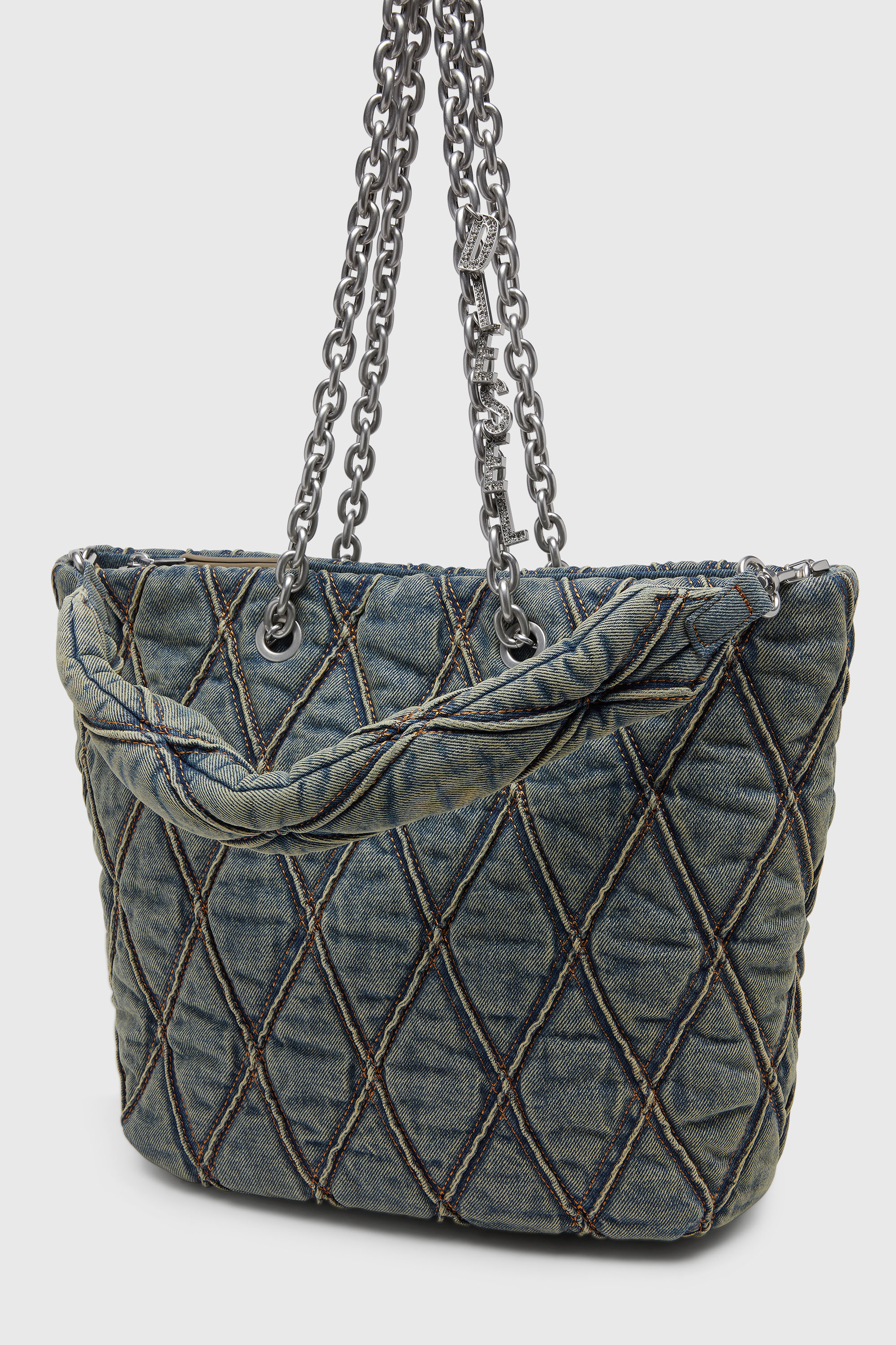 Diesel - CHARM-D SHOPPER M, Woman's Charm-D-Tote bag in quilted denim in Dark Blue - 6